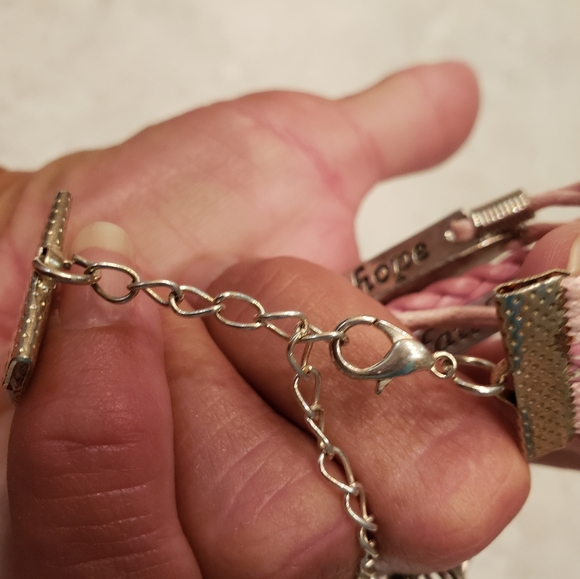 Pink cord and silver breast cancer bracelet with inspirational charms. - Picture 3 of 3
